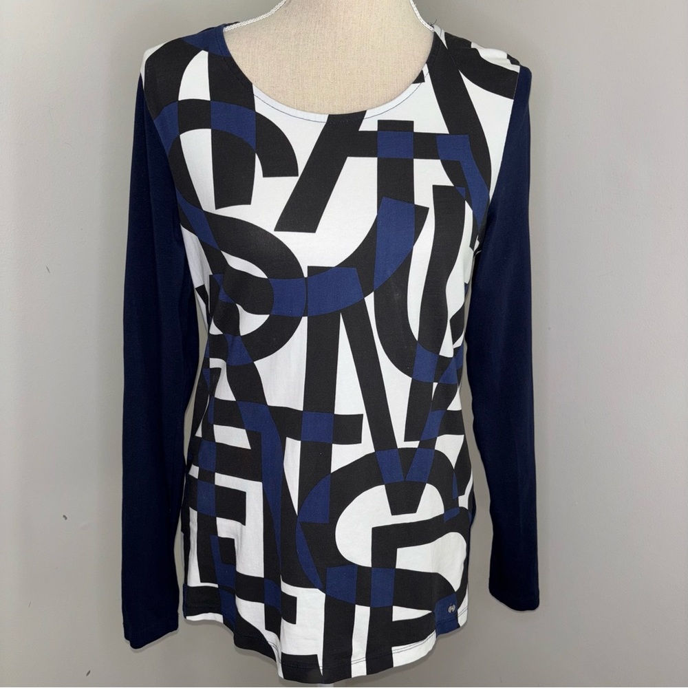 Gerry Weber organic cotton navy blue & white graphic long sleeve tee shirt sz 8